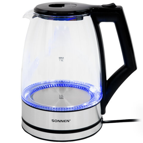 Чайник электрический SONNEN KT-1807, 1,8 л, 2200 Вт, термостойкое стекло, внутренняя подсветка синяя, нержавеющая сталь, 455140 - фото 11