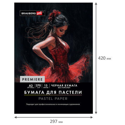 Бумага для пастели ФАКТУРНАЯ, А3, в папке, 15 листов, ЧЕРНАЯ, 270 г/м2, BRAUBERG ART, 117758 - фото 3