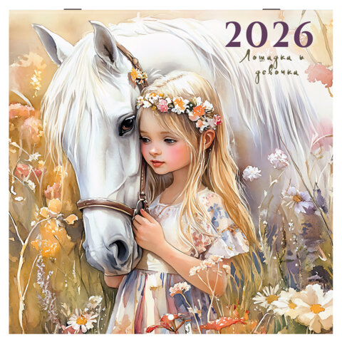 Календарь настенный перекидной 2026 г., BRAUBERG, 12 листов, 28,5х28,5 см, "Лошадка и девочка", 116937 - фото 1