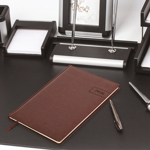 Еженедельник датированный 2026, БОЛЬШОЙ ФОРМАТ 210х297 мм, А4, BRAUBERG "Imperial", под кожу, коричневый, 117156 - фото 5