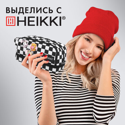 Пенал-органайзер HEIKKI (ХЕЙКИ) с ручкой, значки, 2 отделения, откидная планка, 22x13х10 см, "Black&White", 273601 - фото 21