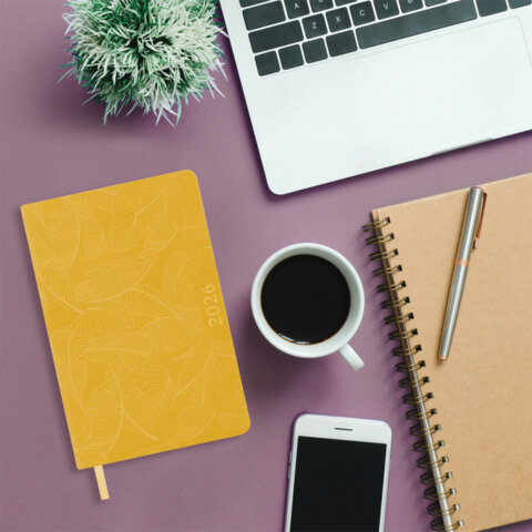 Ежедневник датированный 2026 А5 138x213 мм, BRAUBERG "Foliage", под кожу, гибкий, желтый, 117130 - фото 5