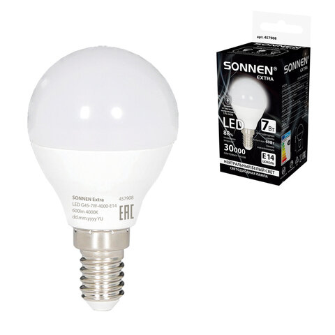 Лампа светодиодная SONNEN EXTRA, 7 (60) Вт, E14, шар, нейтральный белый, 30000 ч, LED G45-7W-4000-Е14, 457908 - фото 1