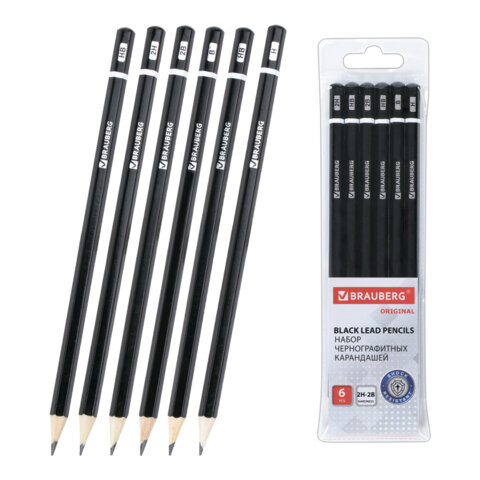 Карандаши чернографитные разной твердости НАБОР 6 штук, 2H-2B, BRAUBERG "Line", 180650 - фото 1