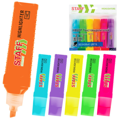 Набор текстовыделителей 6 НЕОНОВЫХ ЦВЕТОВ, STAFF "EVERYDAY HL-707", линия 1-5 мм, скошенный наконечник, 152550 - фото 1