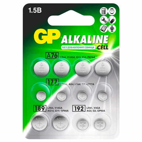Батарейки НАБОР 12 шт. (А76 – 4 шт., 177 – 4 шт., 189 – 2 шт., 192 – 2 шт.), GP Alkaline, блистер, ACM02F-2CR12 - фото 1