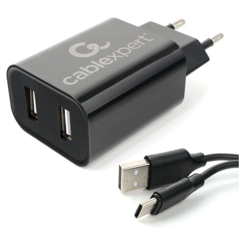 Зарядное устройство CABLEXPERT 12 Вт, 2.4 А, 2 х USB, кабель Type-C, 1 м, черный, коробка-блистер, MP3A-PC-37 - фото 1