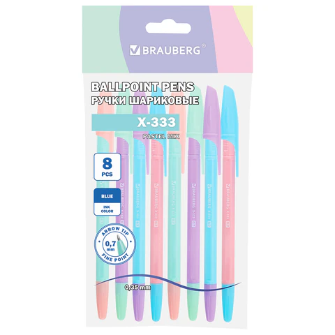 Ручки шариковые BRAUBERG "X-333 PASTEL MIX", НАБОР 8 ШТУК, СИНИЕ, узел 0,7 мм, линия письма 0,35 мм, 144535 - фото 1
