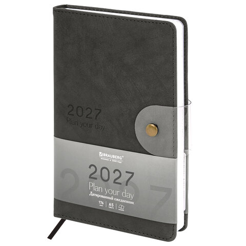 Ежедневник датированный 2027, А5, 138х213 мм, BRAUBERG "Solana", под кожу, кнопка, черный, 118218 - фото 1