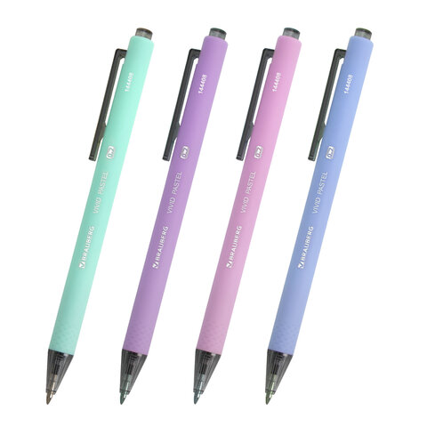 Ручки шариковые автоматические BRAUBERG "VIVID PASTEL", СИНИЕ, НАБОР 4 ШТУКИ, soft-touch, пишущий узел 0,7 мм, линия письма 0,35 мм, 144408 - фото 2