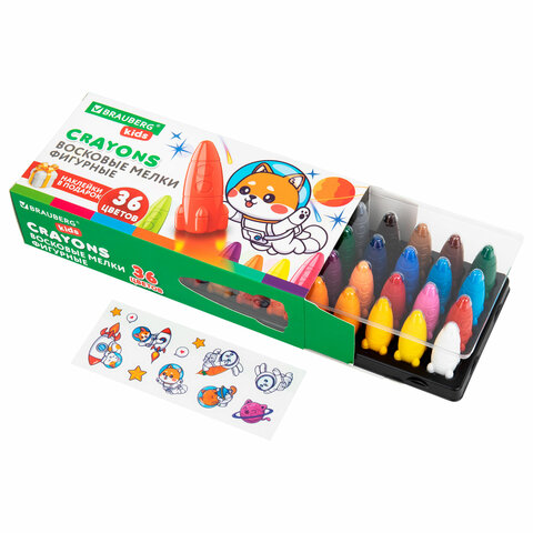 Восковые мелки фигурные BRAUBERG KIDS "РАКЕТА", НАБОР 36 цветов + НАКЛЕЙКИ В ПОДАРОК, 273084 - фото 2