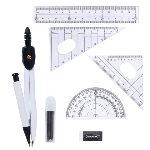 Готовальня ПИФАГОР, 8 предметов: циркуль 120 мм, чертежные принадлежности, металлический пенал, 210859 - фото 3