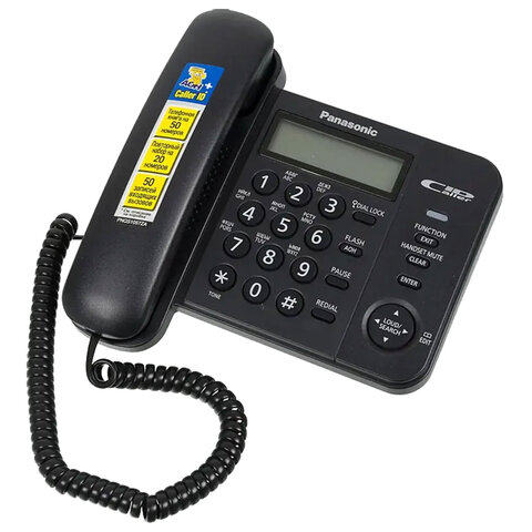 Телефон PANASONIC KX-TS2356RUB, черный, память 50 номеров, АОН, ЖК-дисплей с часами, тональный / импульсный режим - фото 1