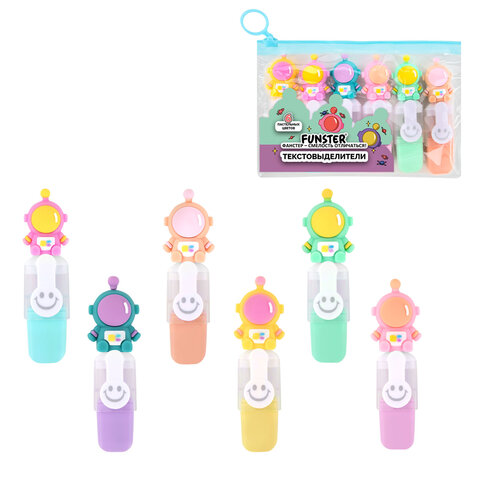 Набор текстовыделителей с топперами 6 ЦВЕТОВ ПАСТЕЛЬ, "КОСМО", линия 1-4 мм, FUNSTER (ФАНСТЕР), 152654 - фото 1