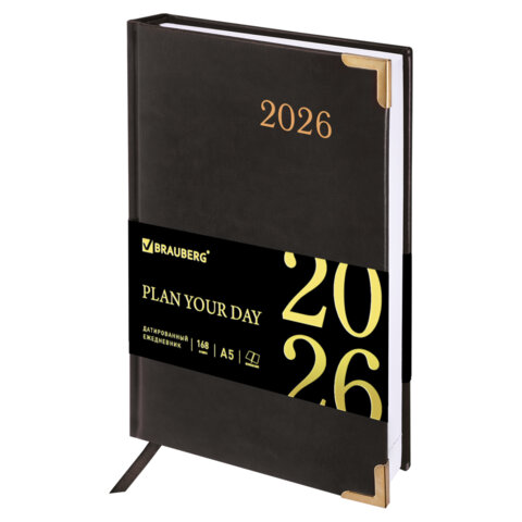 Ежедневник датированный 2026, А5, 138x213 мм, BRAUBERG "Senator", под кожу, черный, 117094 - фото 1