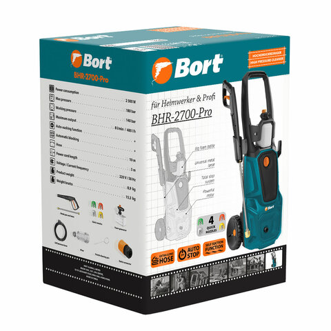 Минимойка BORT BHR-2700-Pro, мощность 2,5 кВт, давление 180 бар, шланг 10 м, 93416121 - фото 17