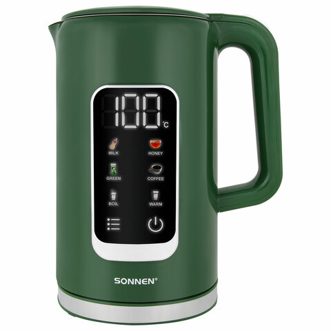 Чайник с терморегулятором и дисплеем, ДВОЙНЫЕ СТЕНКИ, SONNEN KT-8723EG, 1,7 л, 2200 Вт, изумрудный, 454689 - фото 1