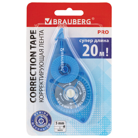 Корректирующая лента BRAUBERG PRO, 5 мм х 20 м, механизм перемотки, корпус синий, блистер, 272492 - фото 1