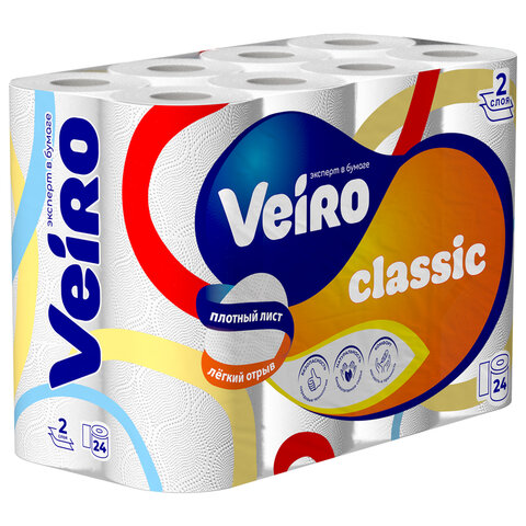 Бумага туалетная бытовая, спайка 24 шт., 2-х слойная (24х15 м), VEIRO Classic, белая, 5с224 - фото 1