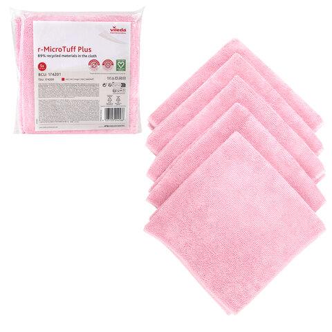 Салфетки VILEDA PROFESSIONAL "МикроТафф Плюс" КОМПЛЕКТ 5 шт., микрофибра, красный, 38х38 см, 174201 - фото 1
