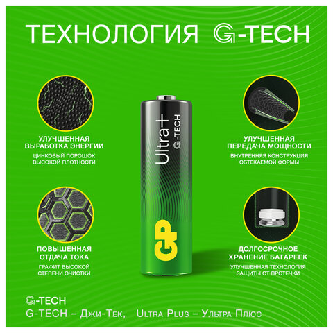 Батарейки КОМПЛЕКТ 4 шт., GP Ultra Plus G-Tech, AA (LR6), алкалиновые, пальчиковые, 15AUPA21-2CRSB4 - фото 5