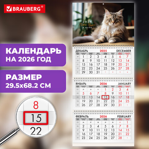 Календарь квартальный на 2026 г., 3 блока, 3 гребня, бегунок, офсет, BRAUBERG, "Кот", 116780 - фото 3