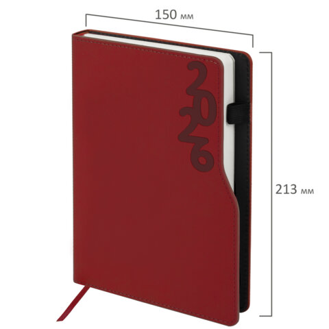 Ежедневник датированный 2026, А5, 150x213 мм, BRAUBERG "Up", под кожу, софт-тач, держатель для ручки, красный, 117120 - фото 2
