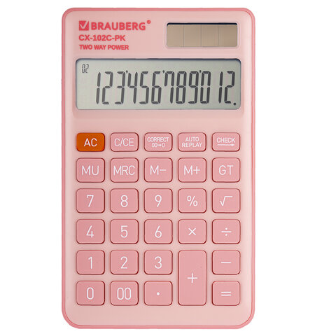 Калькулятор карманный BRAUBERG CX-102C-PK (76x126 мм), 12 разрядов, двойное питание, РОЗОВЫЙ, 272650 - фото 1