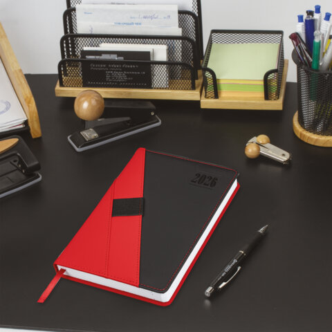 Ежедневник датированный 2026, А5, 138х213 мм, BRAUBERG "Swirl", под кожу, держатель для ручки, красный, 117481 - фото 4