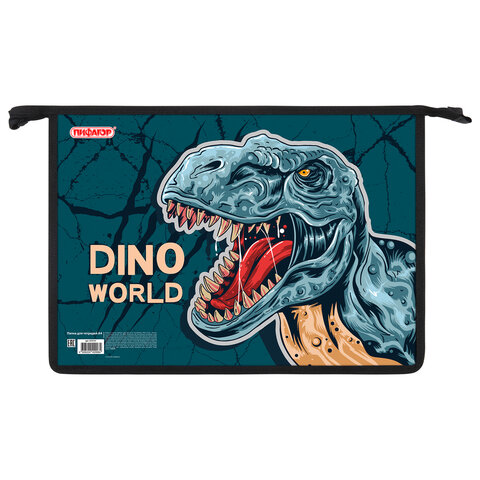 Папка для тетрадей ПИФАГОР А4, 1 отделение, картон/пластик, на молнии, "Dino world", 272131 - фото 1