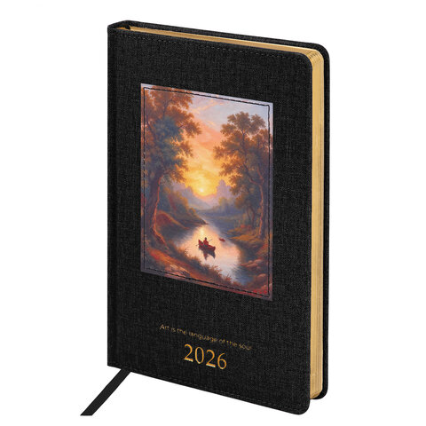 Ежедневник датированный 2026 А5 138х213 мм, BRAUBERG "ArtGallery", под кожу, нашивка, черный, 117405 - фото 1