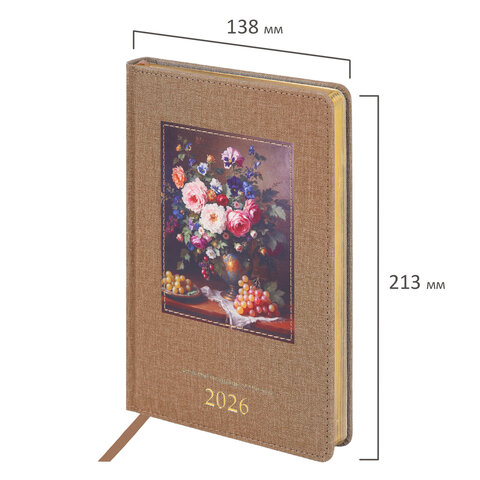 Ежедневник датированный 2026 А5 138х213 мм, BRAUBERG "ArtGallery", под кожу, нашивка, бежевый, 117404 - фото 2