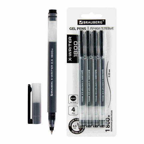 Ручки гелевые BRAUBERG X-WRITER 1800, УВЕЛИЧЕННАЯ ДЛИНА ПИСЬМА 1 800 м, ЧЕРНЫЕ, НАБОР 4 ШТУКИ, стандартный узел 0,5 мм, 144136 - фото 1