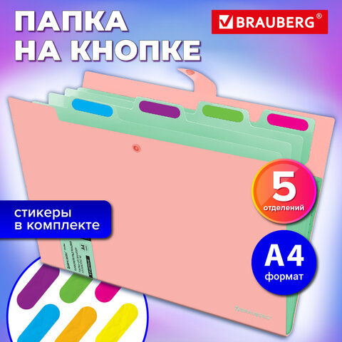 Папка-органайзер на кнопке 5 отделений, BRAUBERG "Extra", А4, персиковая с мятным, 274097 - фото 10