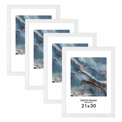 Рамка 21х30 см небьющаяся, КОМПЛЕКТ 4 шт., багет 16 мм, МДФ, BRAUBERG "Basic", белая, 391258 - фото 1