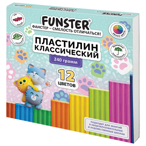 Пластилин классический, кросс-серия "КОШАЧЬИ ЛАПКИ", 12 цветов, 240 г, СТЕК, ВЫСШЕЕ КАЧЕСТВО, FUNSTER (ФАНСТЕР), 107521 - фото 1