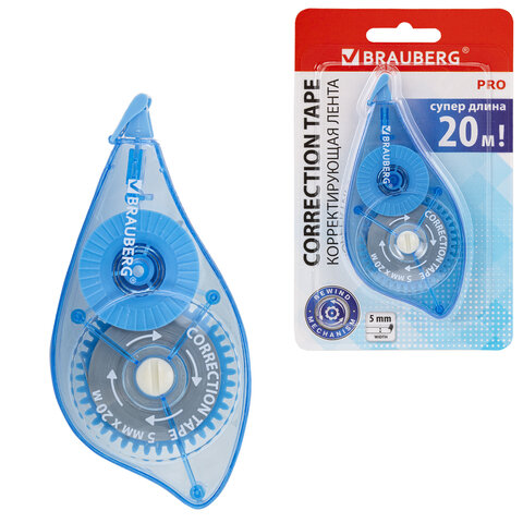 Корректирующая лента BRAUBERG PRO, 5 мм х 20 м, механизм перемотки, корпус синий, блистер, 272492 - фото 1