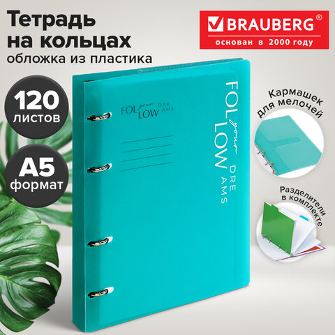 Тетрадь на кольцах А5, 175х220 мм, 120 л., пластик, разделители, BRAUBERG MOVE, бирюзовый, 405261 - фото 12
