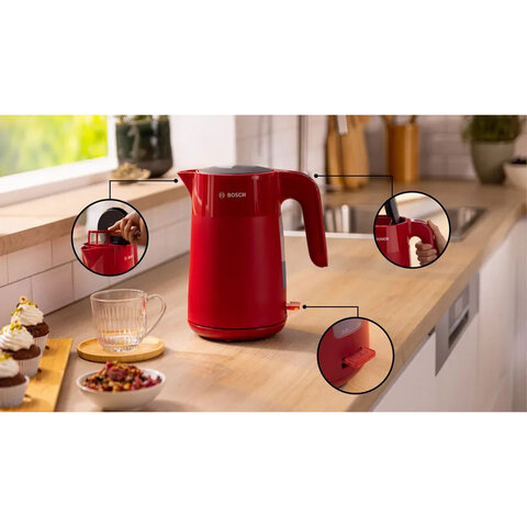 Чайник BOSCH TWK 2M164, 1,7 л, 2400 Вт, закрытый нагревательный элемент, пластик, красный - фото 5