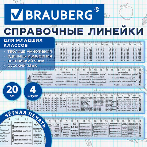 Линейки пластиковые 20 см справочные BRAUBERG, НАБОР 4 шт., для младших классов, пенал, 210895 - фото 11