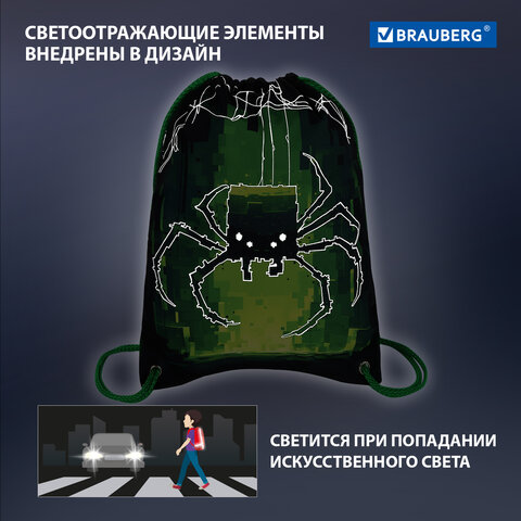 Мешок для обуви BRAUBERG PREMIUM, карман, подкладка, светоотражайка, 43х33 см, "Digital spider", 273444 - фото 11