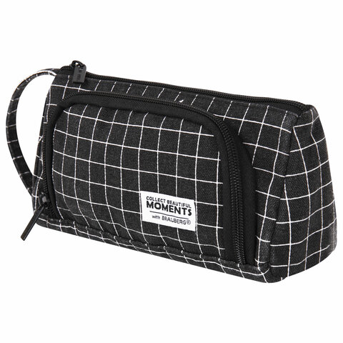 Пенал-косметичка BRAUBERG с ручкой, 1 откидная планка, полиэстер, 22x10х8 см, "Checkered black", 271559 - фото 1