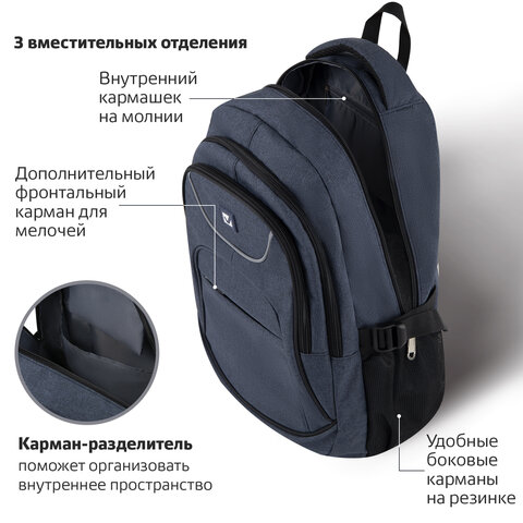 Рюкзак BRAUBERG HIGH SCHOOL универсальный, 3 отделения, "Сапфир", синий, 46х31х18 см, 270760 - фото 10