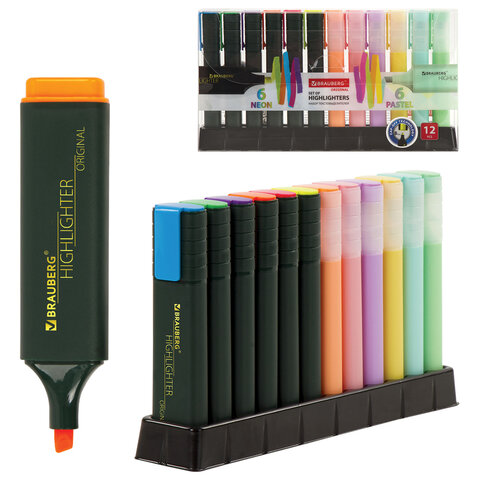 Набор текстовыделителей 12 ЦВЕТОВ на подставке, BRAUBERG "ORIGINAL", линия письма 1-5 мм, 151699 - фото 1