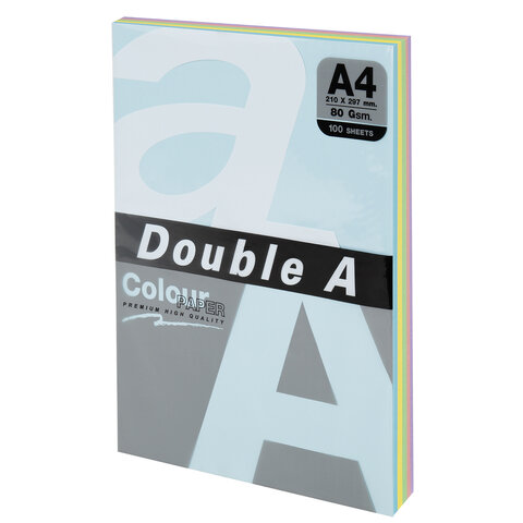 Бумага цветная DOUBLE A, А4, 80 г/м2, 100 л. (5 цветов x 20 листов), микс пастель - фото 1