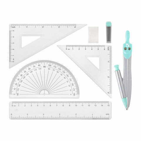 Готовальня BRAUBERG SCHOOL KIT, 9 предметов, циркуль 125 мм, чертежные принадлежности, мятный цвет, 210716 - фото 2