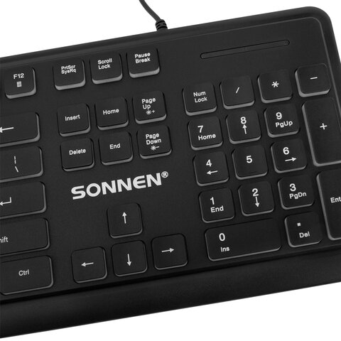Клавиатура проводная USB, 104 плоские клавиши, LED-подсветка, SONNEN K308, черная, 513947 - фото 6