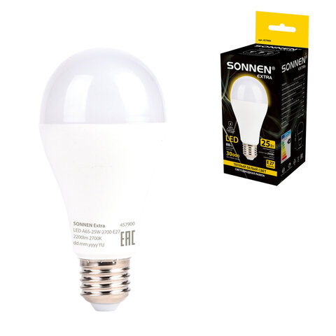 Лампа светодиодная SONNEN EXTRA, 25 (200) Вт, Е27, груша, теплый белый, 30000 часов, LED A65-25W-2700-Е27, 457900 - фото 1