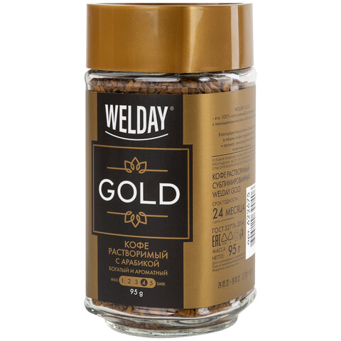 Кофе растворимый WELDAY (ВЭЛДЭЙ) "GOLD" 95 г, стеклянная банка, сублимированный, 622675 - фото 3