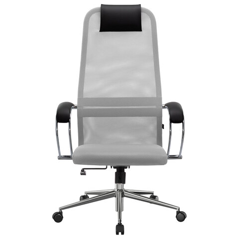 Кресло офисное МЕТТА "SU-B-8" хром, ткань-сетка, сиденье мягкое, светло-серое - фото 6